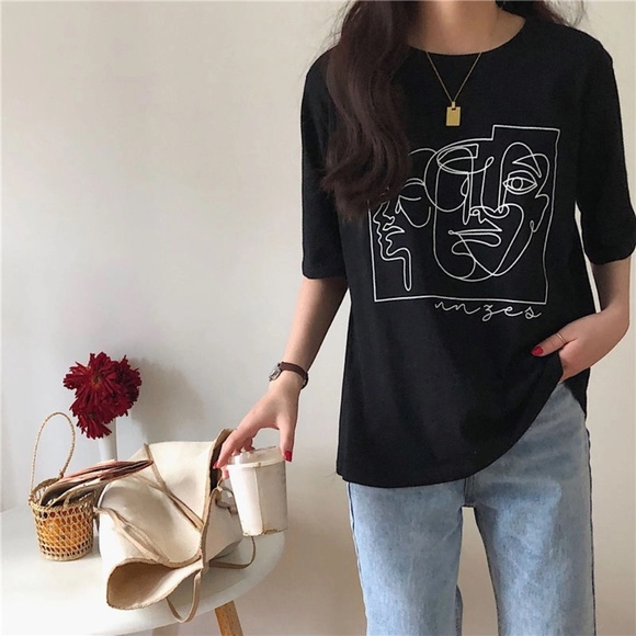 Black Abstract Line Drawing Graphic T Shirt - Picture 1 of 7